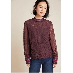 Anthropologie Bl^nk London lace savannah long sleeve top wine/beaded size large